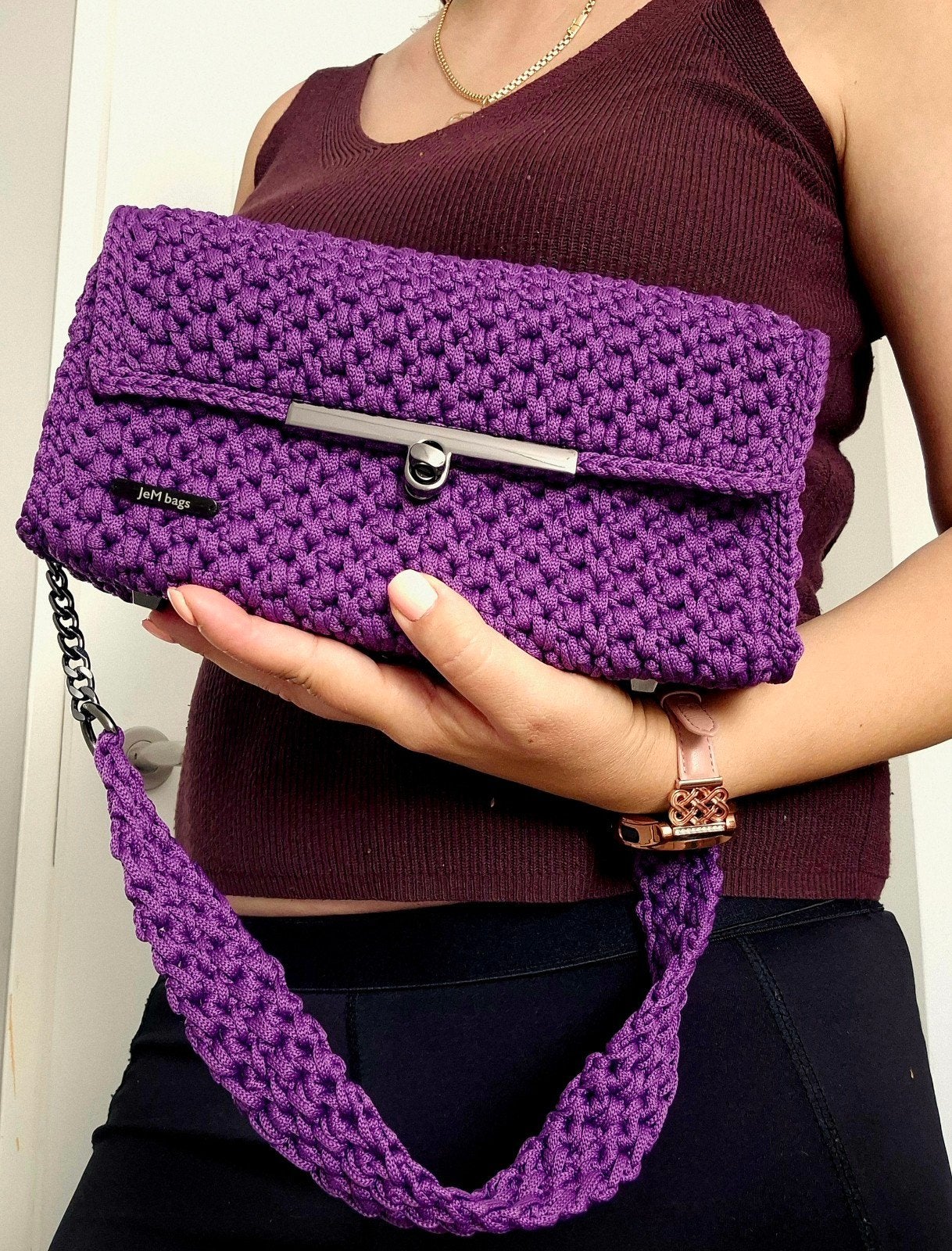 Handgemaakte paarse gehaakte tas met ketting, Ophalen of Verzenden