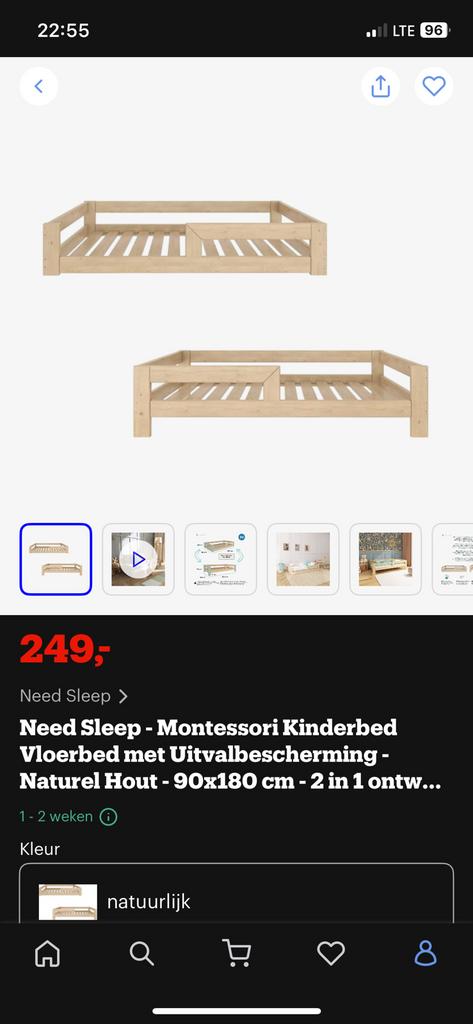 Bed 90/180 + matras, houten nieuw, Ophalen, Nieuw