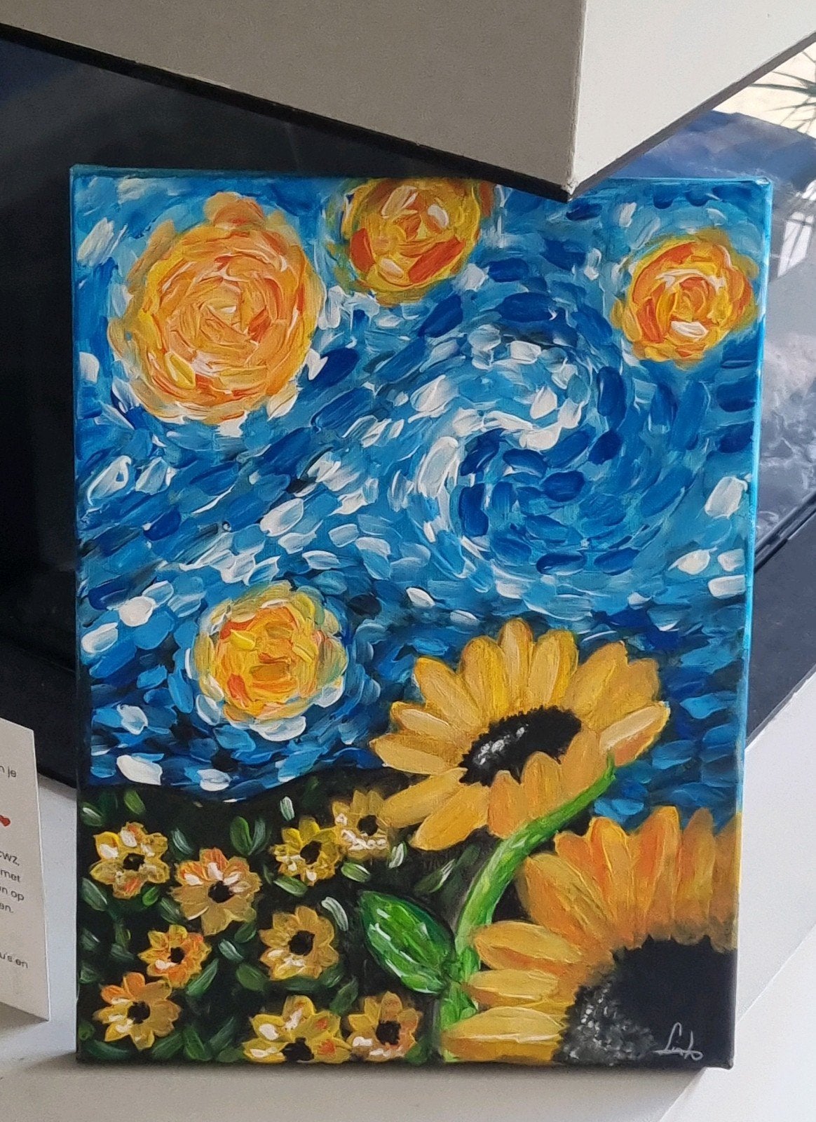 Handgemaakt Schilderij: Zonnebloemen met Van Gogh Lucht, Ophalen of Verzenden