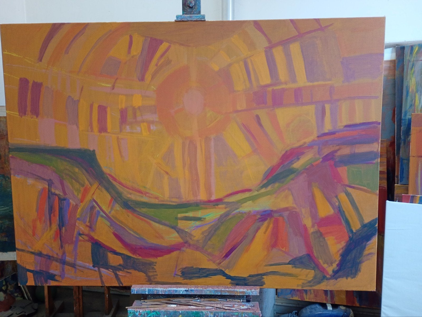 Abstract Landschap Zonsondergang Olieverf Schilderij, Ophalen
