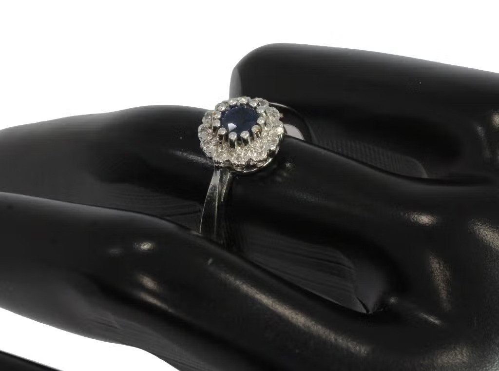Saffier met 12 diamanten luxe gouden rozet ring briljant, Voordeelsieraden, Heer, Ophalen of Verzenden, Zo goed als nieuw