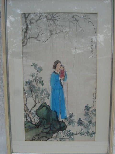 Vintage Japanse zijden schildering Madonna met kind, Ophalen of Verzenden