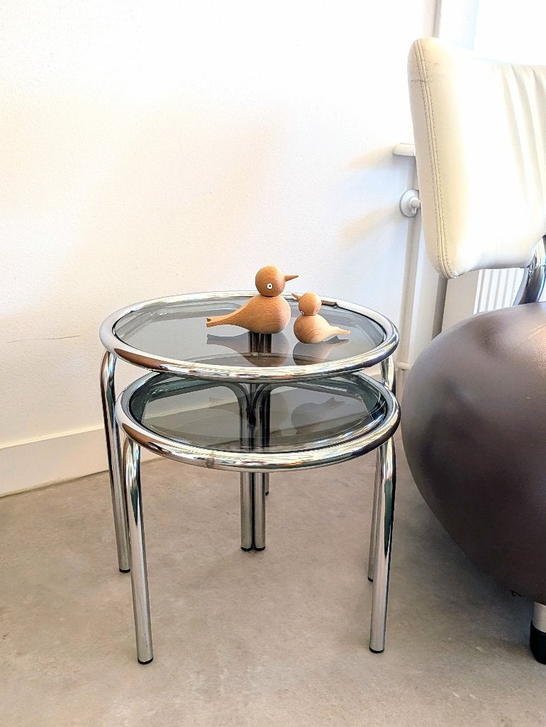 Vintage ronde Nesting Tables Mimiset Met Rookglas, Minder dan 55 cm, Gebruikt, Rond, Glas