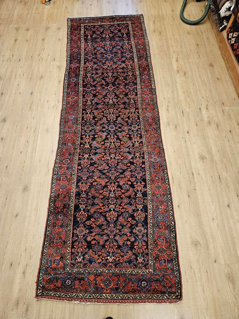 Vintage handgeknoopt perzisch tapijt loper malayer 308x97, Info@SlatsAntiek.nl, Tweedehands, Perzisch, 200 cm of meer