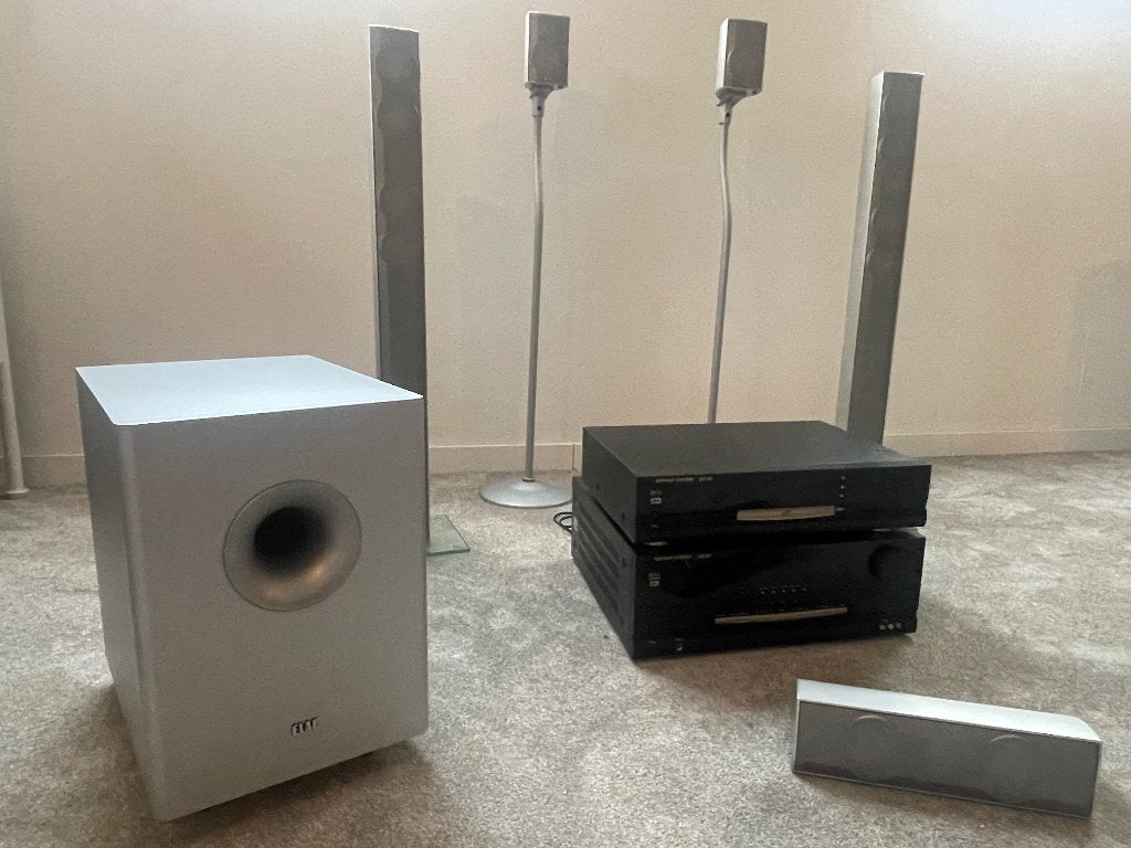 Complete ELAC 5.1. Home Cinema set en Harman  Kardon AVR, Gebruikt, 70 watt of meer, 5.1-systeem, Overige spelers