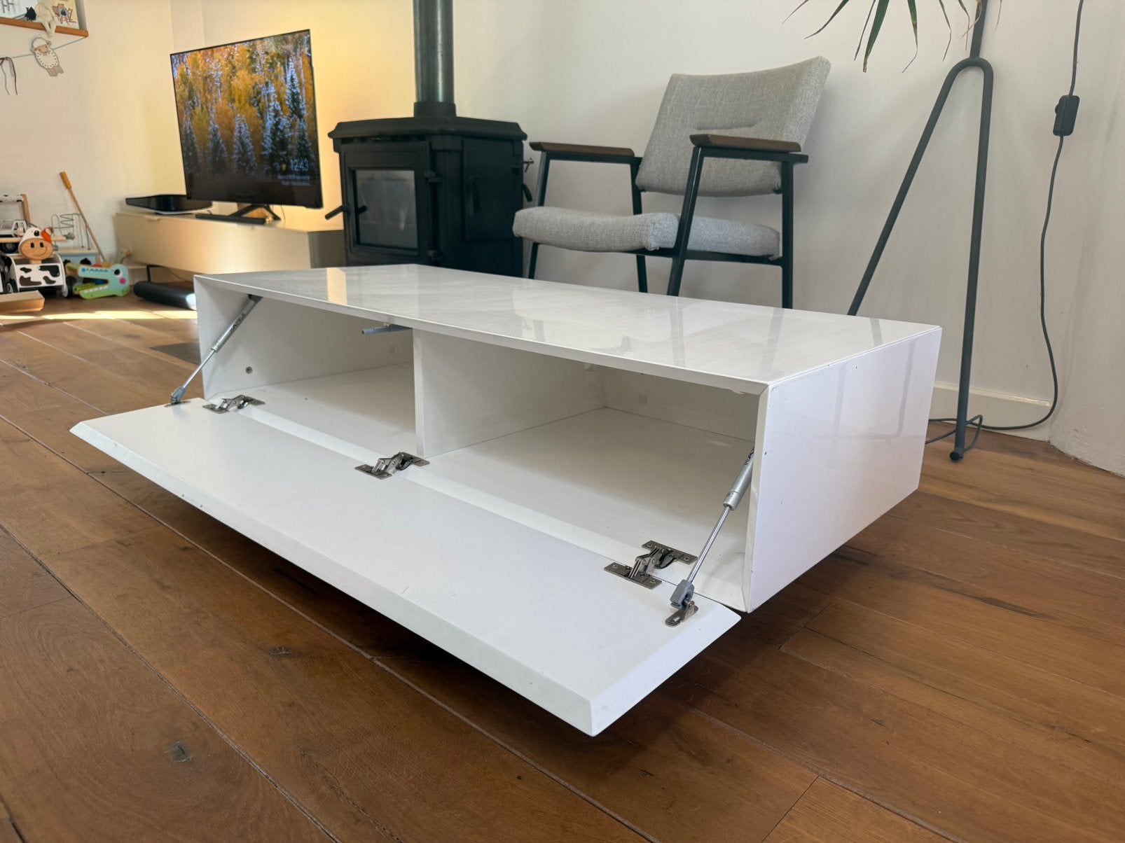 TV-meubel wit hoogglans design, Ophalen, Gebruikt, 100 tot 150 cm, Minder dan 100 cm