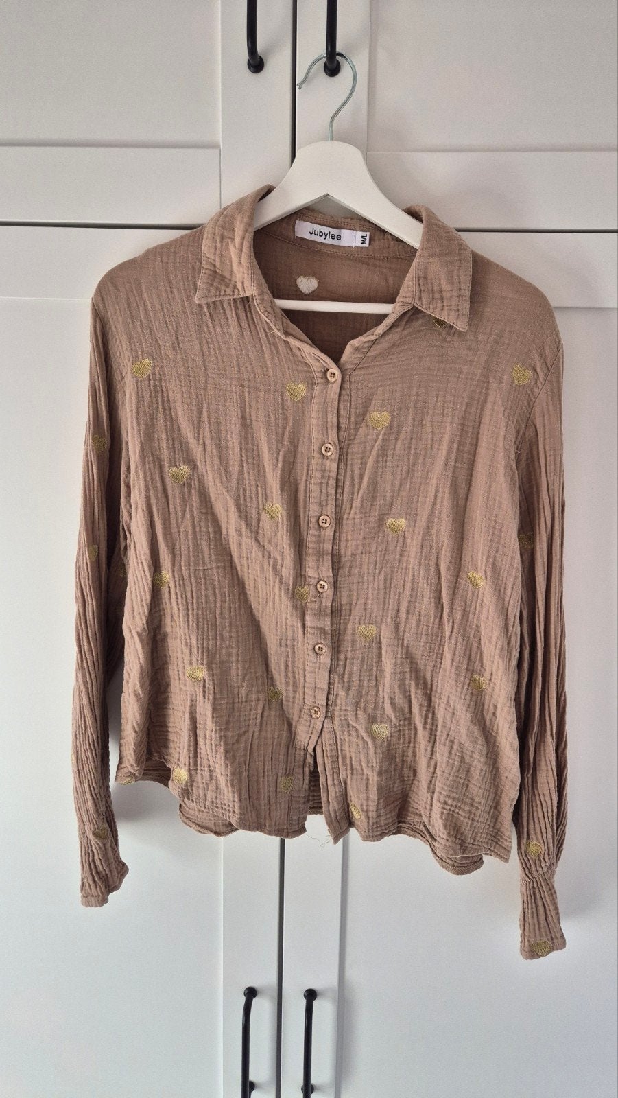 Jubylee blouse met gouden hartjes - Maat M/L, Maat 38/40 (M), Bruin, Ophalen of Verzenden, Zo goed als nieuw