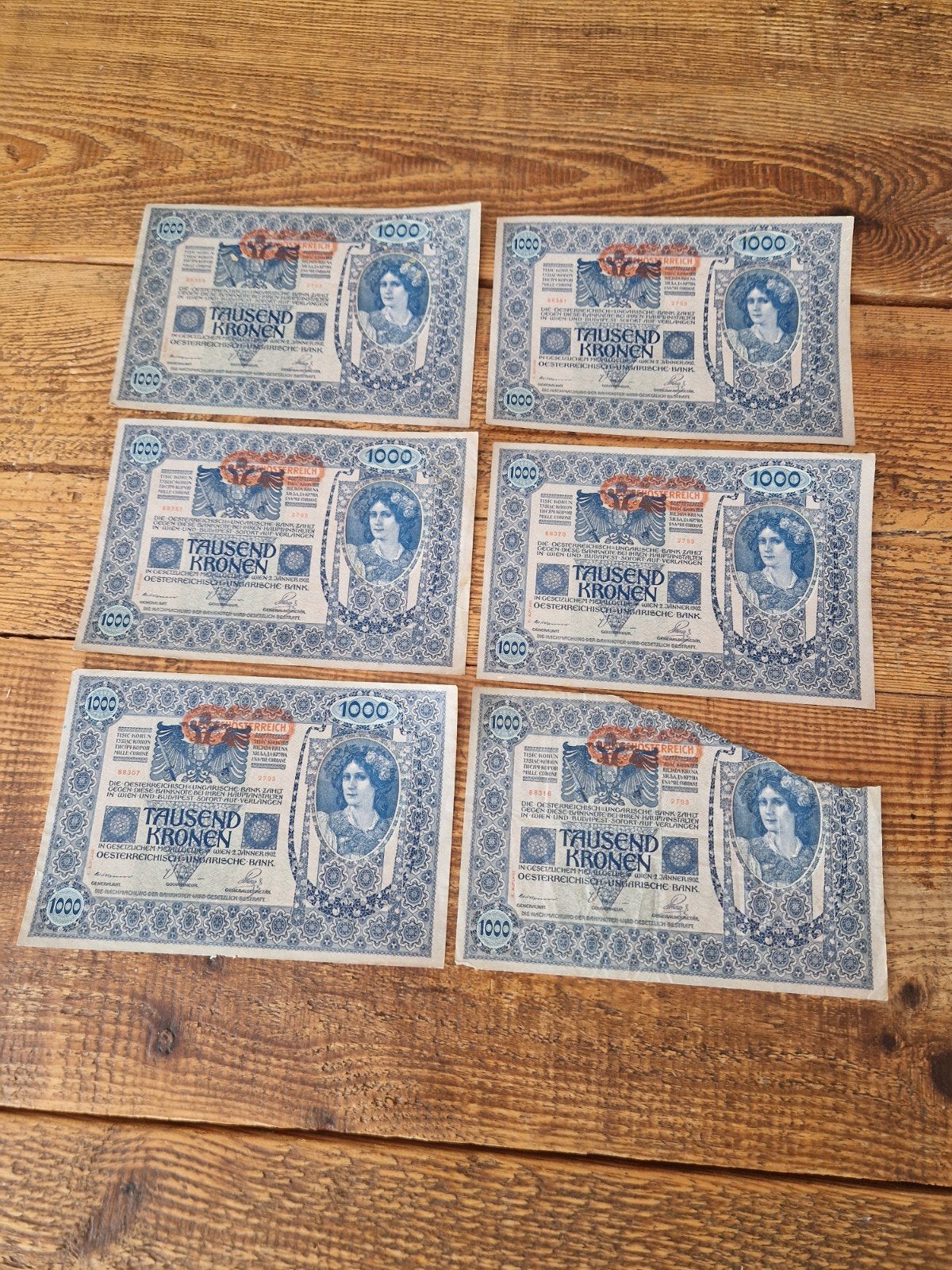 6 x Oostenrijks-Hongaars bankbiljet van 1000 Kronen (kronen), Ophalen of Verzenden, 10 gulden