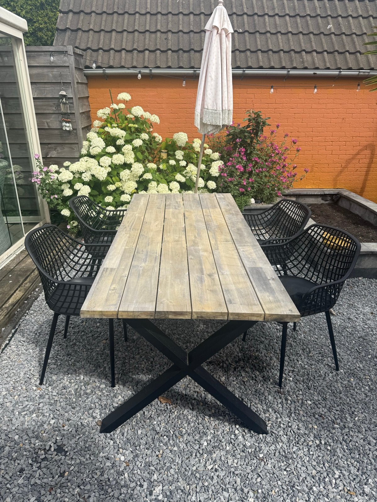Houten tuintafel + Kunststof kuipstoelen, Tuin en Terras, Tuintafels, Ophalen, Gebruikt, Rechthoekig, Hout