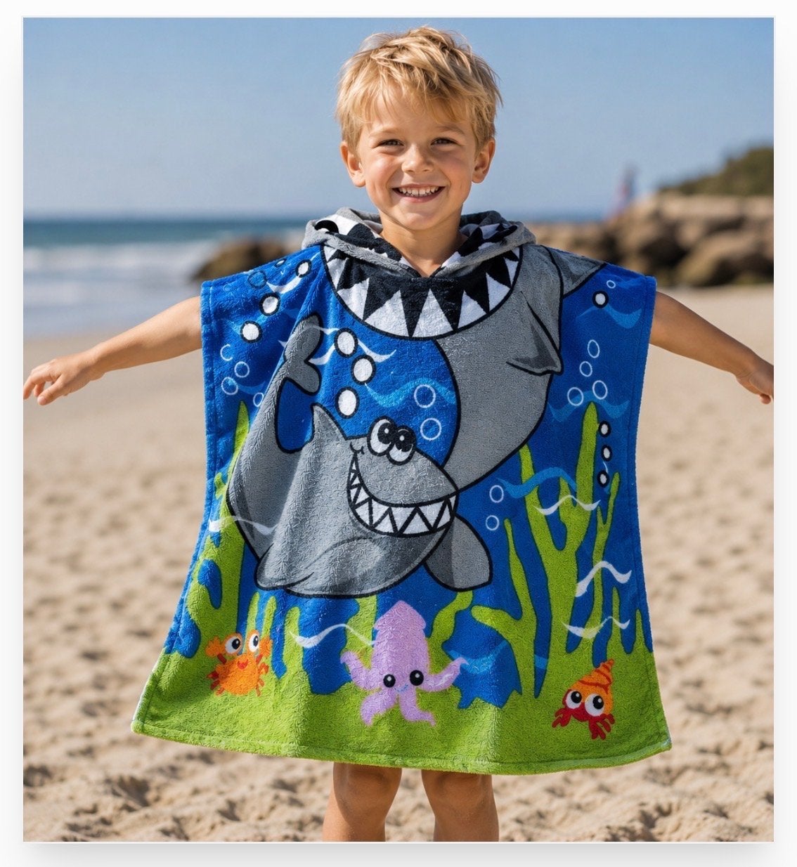 Nieuwe Kinder Poncho Handdoek Haai 120x60 cm, Jongetje of Meisje, Onbekend, Nieuw, Ophalen of Verzenden