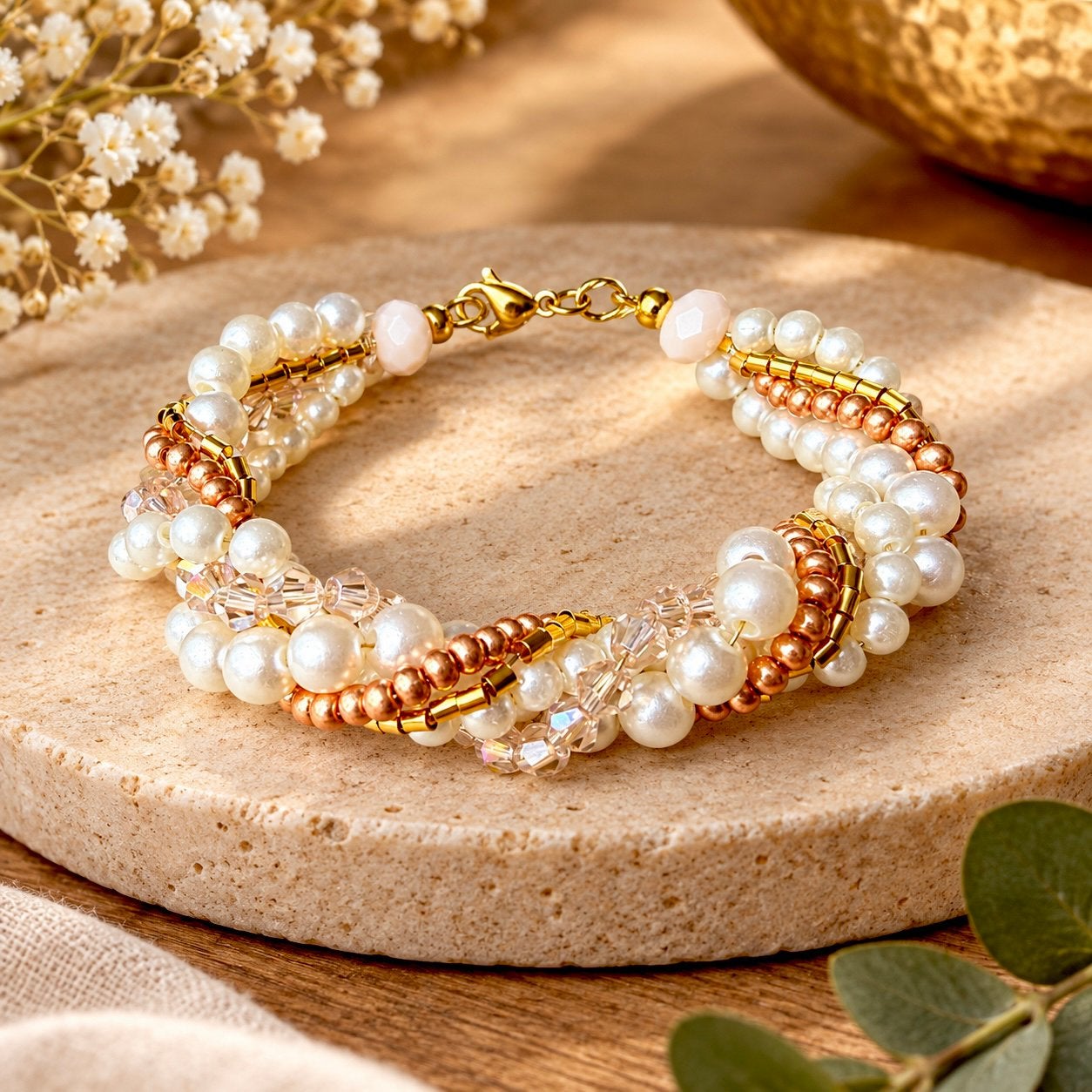 Handgemaakte armband | parels en glaskralen | goud ivoor, Overige materialen, Nieuw, Ophalen of Verzenden, Met bedels of kralen