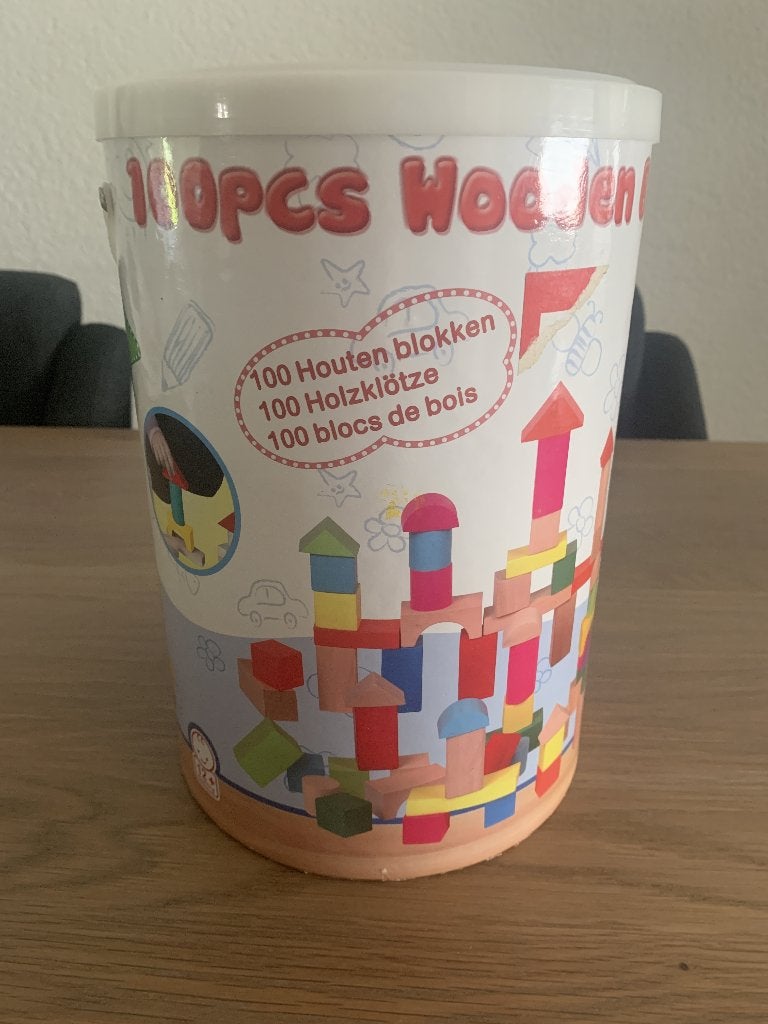 100 Houten bouwblokken in emmer - Zo goed als nieuw, Ophalen of Verzenden, Zo goed als nieuw, Overige merken