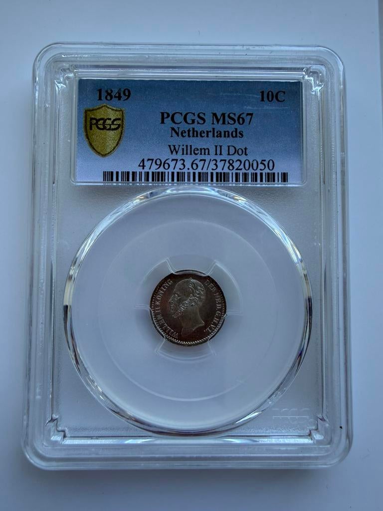 Nederland. Willem II. 10 cent 1849 met Punt. PCGS MS67, Zilver, Ophalen of Verzenden, 10 cent, Losse munt