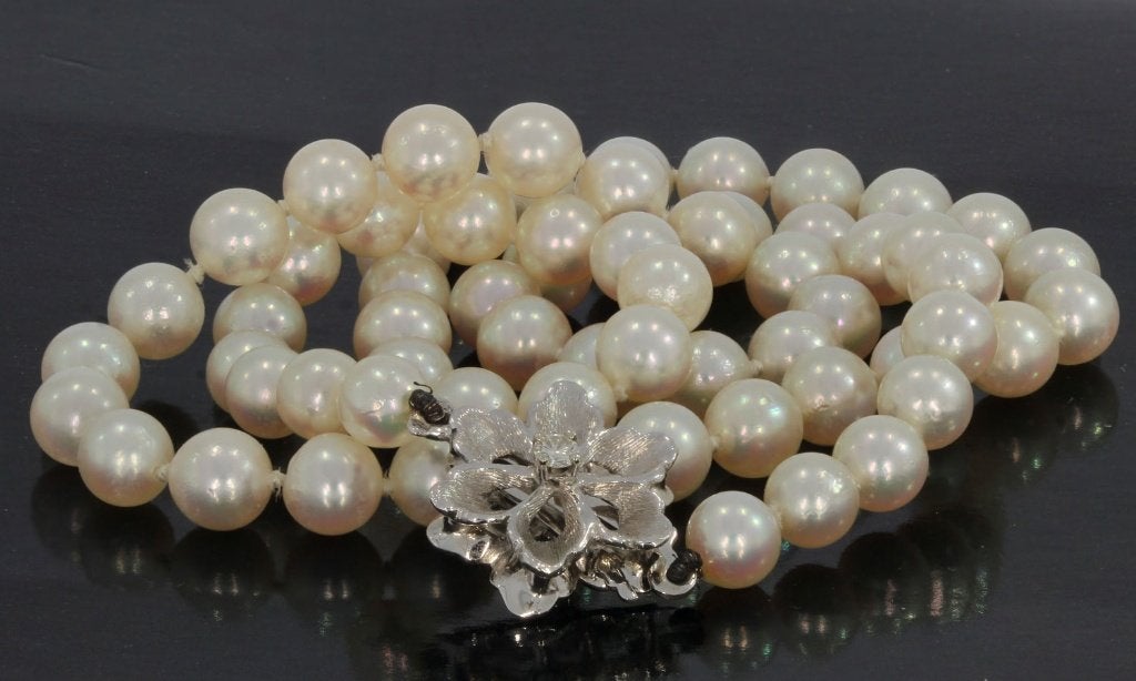 Diamanten slot 14k goud Akoya parel fraaie ketting dames, Voordeelsieraden, Verzenden, Zo goed als nieuw, Met edelsteen