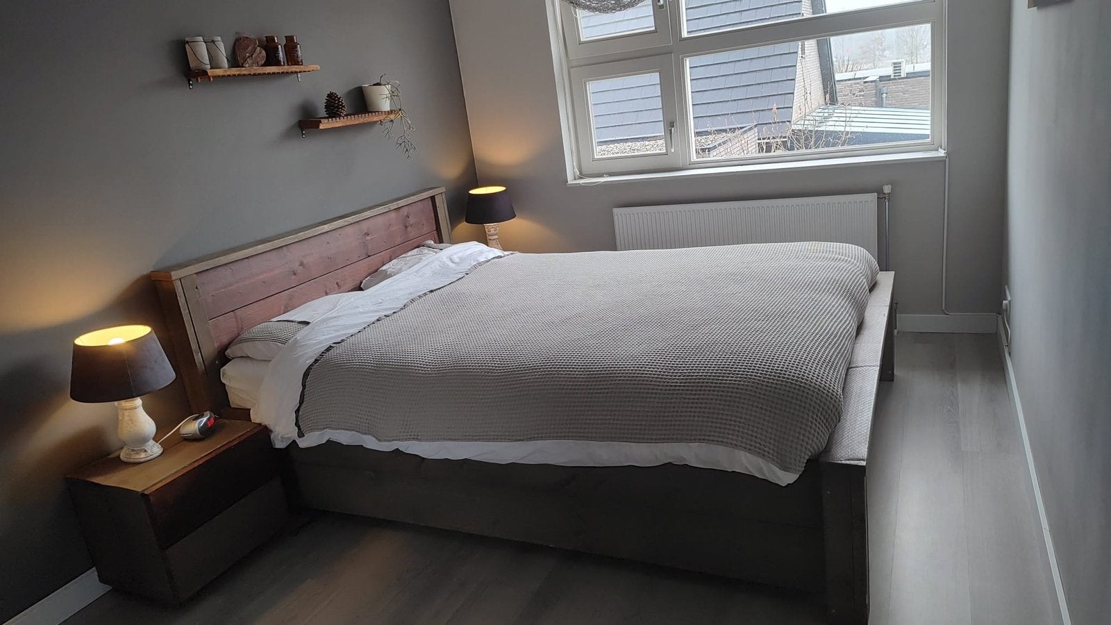 Steigerhouten tweepersoonsbed + nachtkastjes, Ophalen, Tweepersoons, Steigerhout