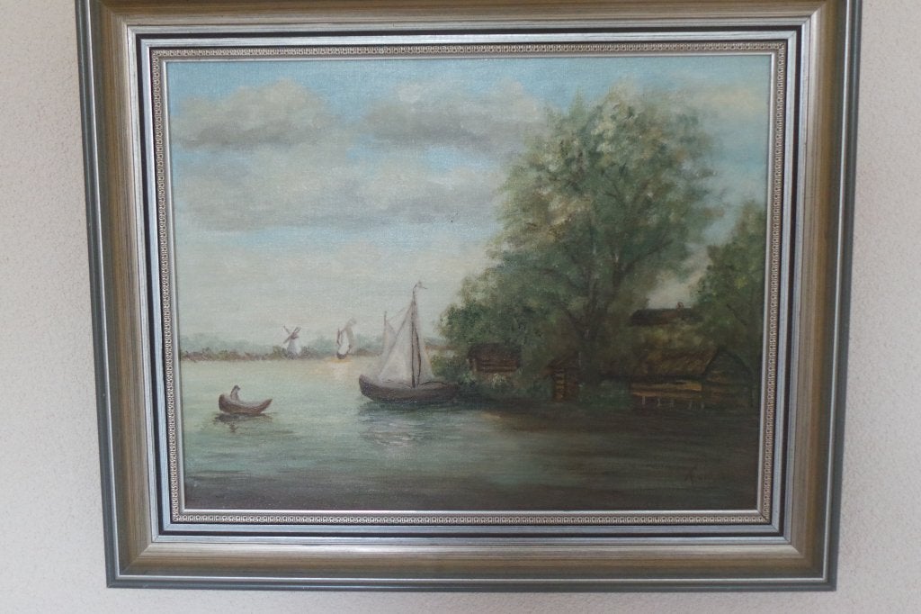 Olieverfschilderij F. Vos ; Kijk op water, Ophalen, Doek, Realistisch, Landschap