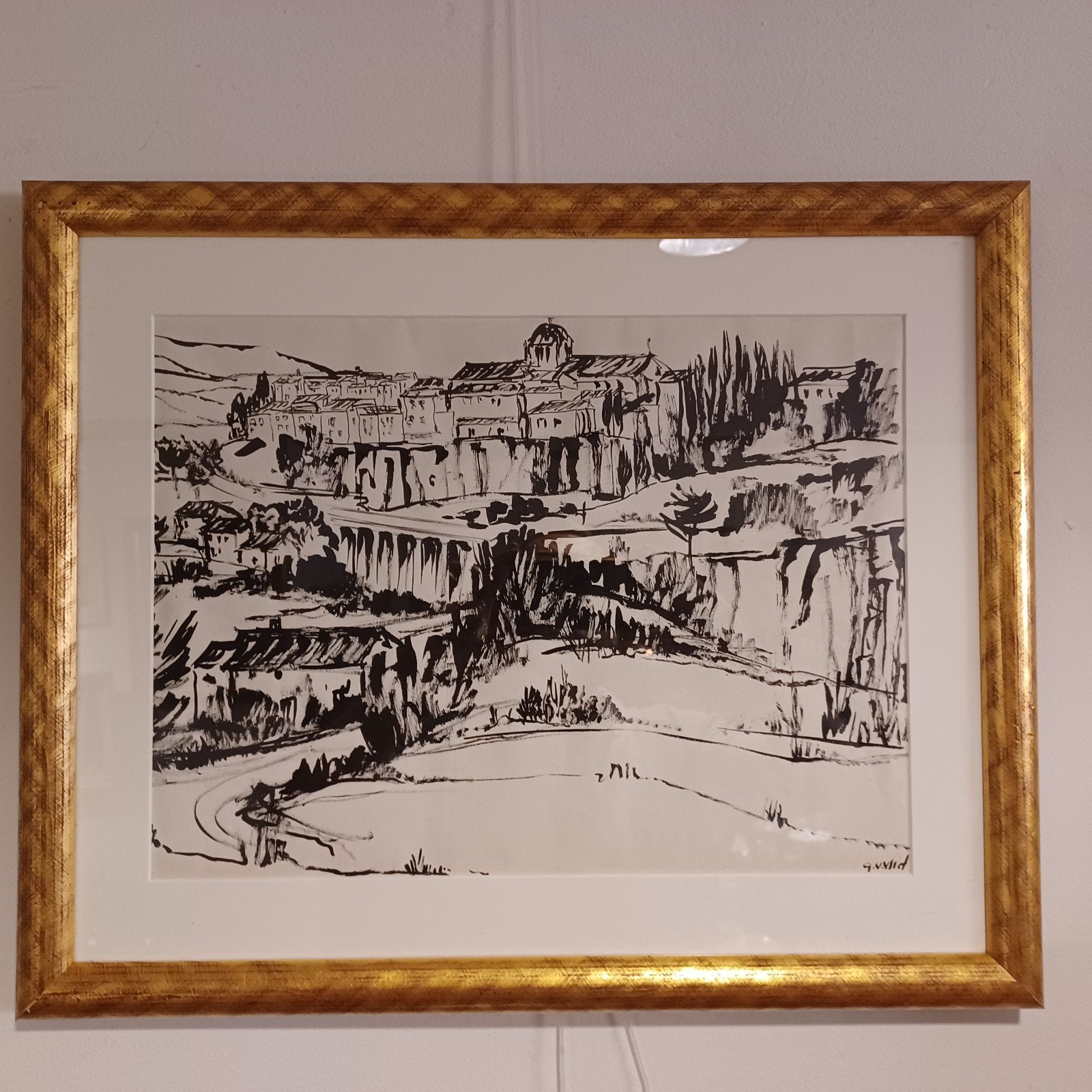 aquarel of tekening in Indische Inkt G V Vliet in zwart wit, Overige stijlen, Bijzondere lijst, Ophalen of Verzenden, Aquarel
