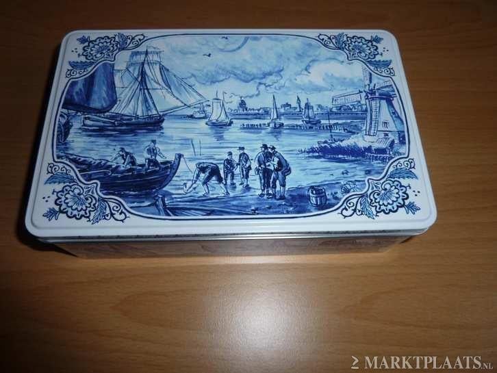 Blik Delfts Blauw - havenzicht Afmeting: 6 x 14 x 22 cm, Verzamelen, Blikken, Ophalen of Verzenden, Nieuw, Overige