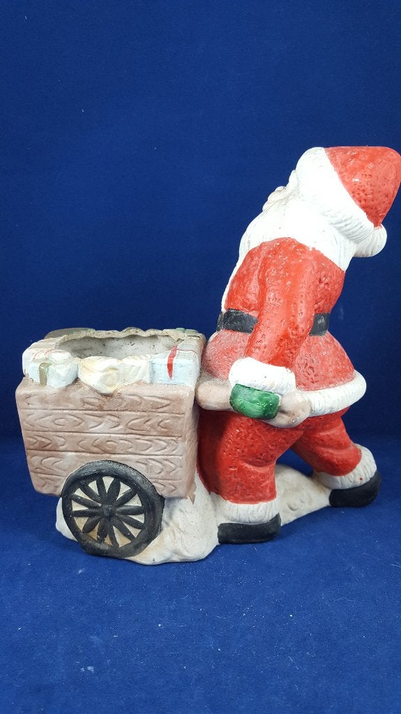 Vintage kerstdecoratie: bloempot kerstman met handkar. W3, Tweedehands verkoop, Tweedehands verkoop, Gebruikt, Ophalen of Verzenden