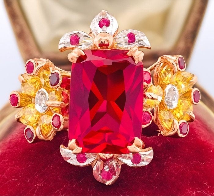 Ring 9 Karaat Roségoud, Zilver, Robijn, Diamant, Met edelsteen, Ophalen of Verzenden, Zo goed als nieuw, 17 tot 18