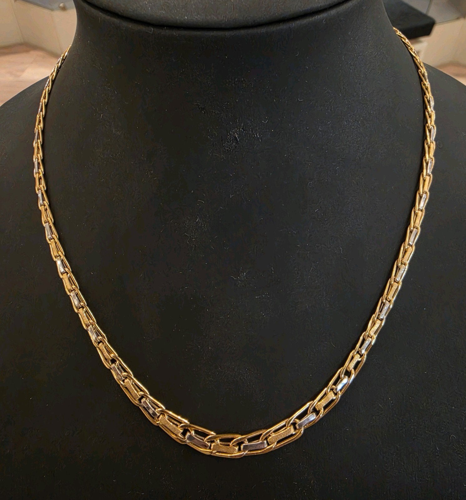 14 karaats gouden bicolor platte fantasie dames ketting 45cm, Ophalen of Verzenden, Zo goed als nieuw, Goud, Goud
