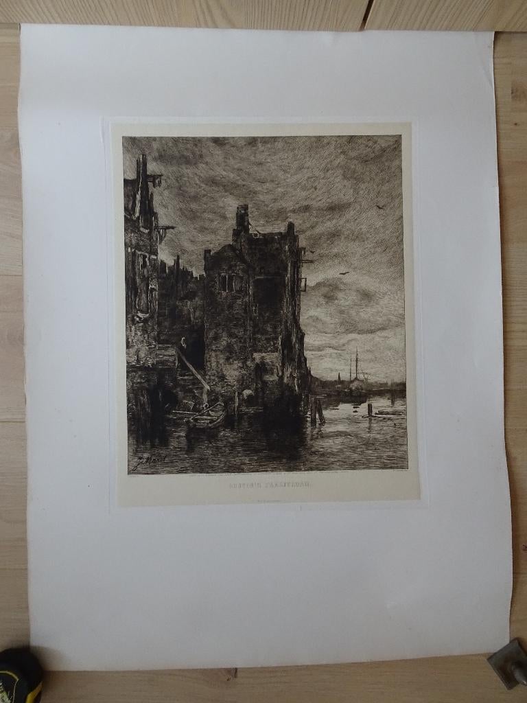 Ets huizen aan het water in Dordrecht, Zilcken n. Maris 1880, 1800 - 1899, Stadsgezicht, Origineel, Verzenden