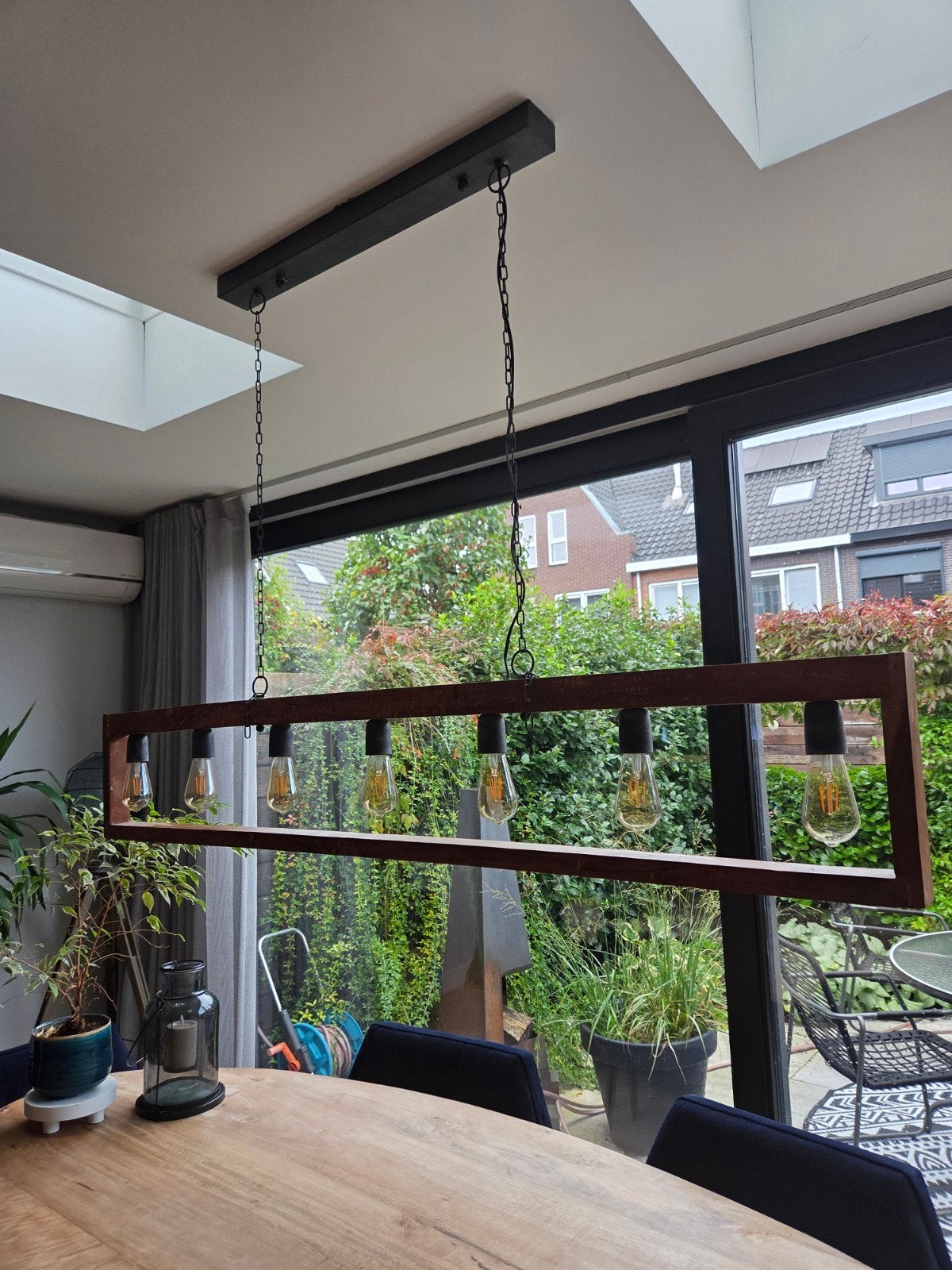 Plafondlamp Hout & Metaal - 7 Lichts Design Lamp, Ophalen, Zo goed als nieuw, Hout