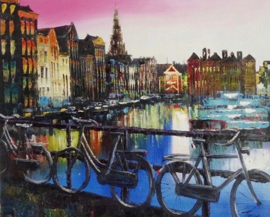 Schilderij Stadsgezicht met Fietsen - 50x60 cm, Ophalen of Verzenden, Textiel, Olieverf, Stadsgezicht
