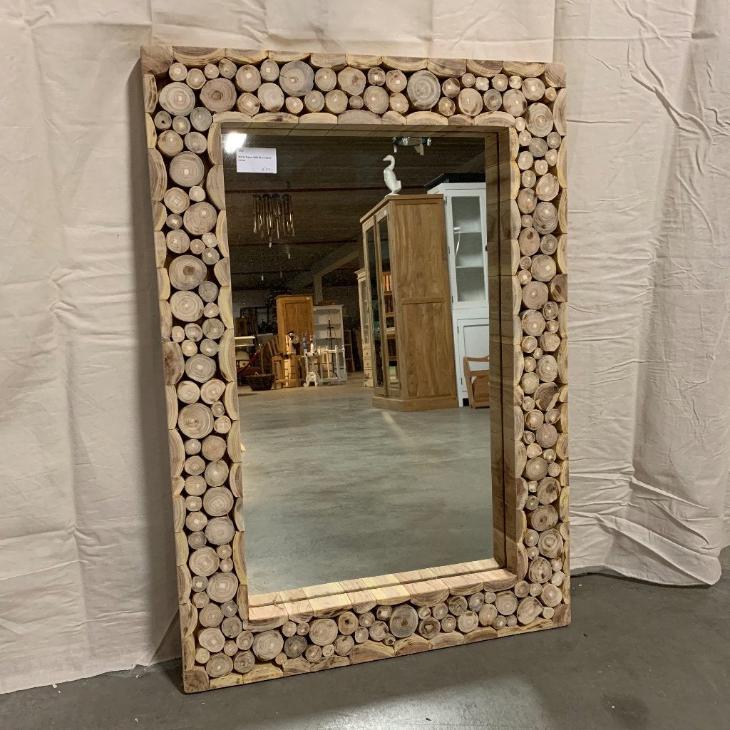 teak Spiegel met rondhout lijst 100 x 70 cm - Gratis bezorgd, Huis en Inrichting, TTM Wonen, Meubels – (Perzische) Tapijten en Woonaccessoires