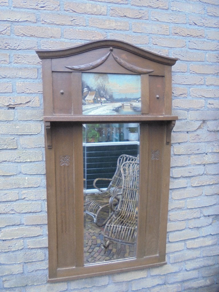 Antieke Spiegel met antiek schilderij er in, Antiek en Kunst, Ophalen, Rechthoekig, 50 tot 100 cm, 100 tot 150 cm