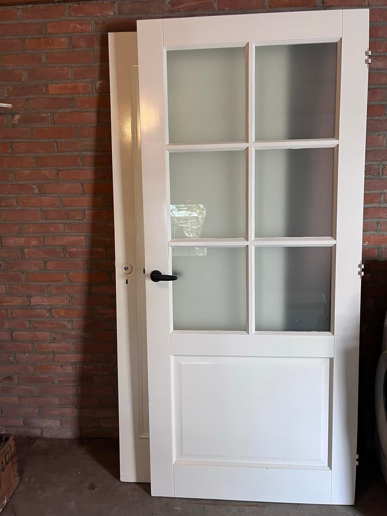 Witte binnendeur met glaspanelen en zwart beslag, Ophalen, 80 tot 100 cm, Binnendeur, Zo goed als nieuw