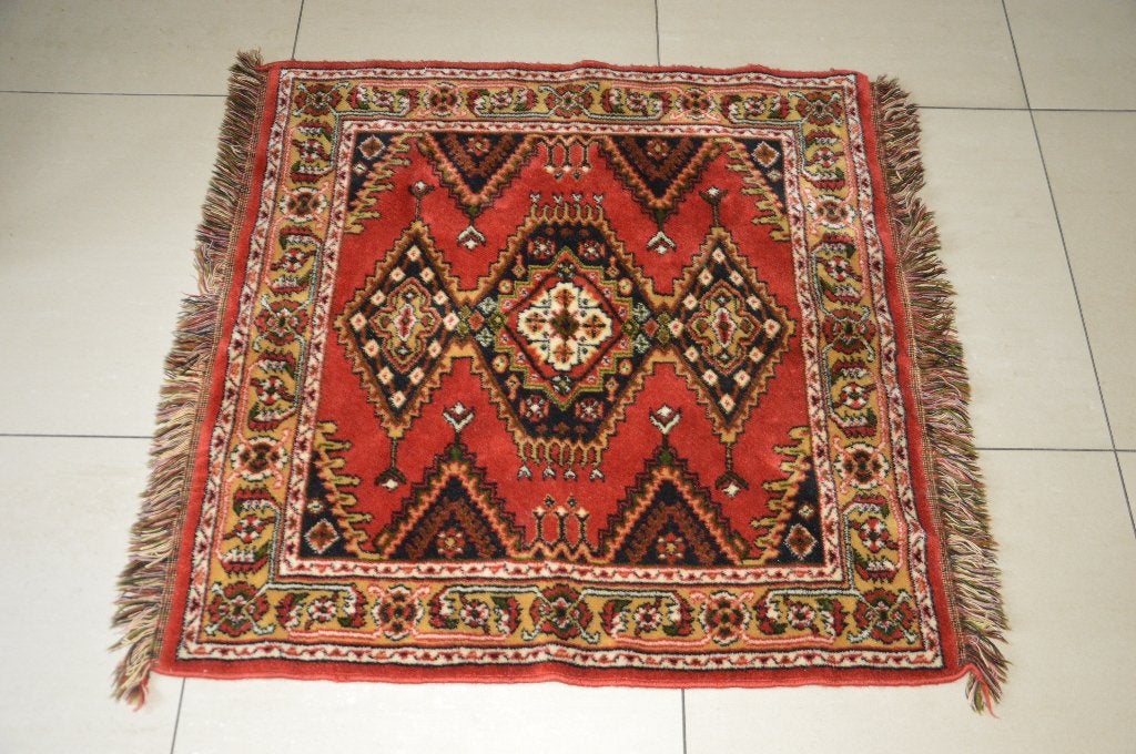 Vintage smyrna vloerkleed / tafelkleed met franjes vierkant, Huis en Inrichting, Stoffering | Tapijten en Kleden, Vierkant, Ophalen of Verzenden