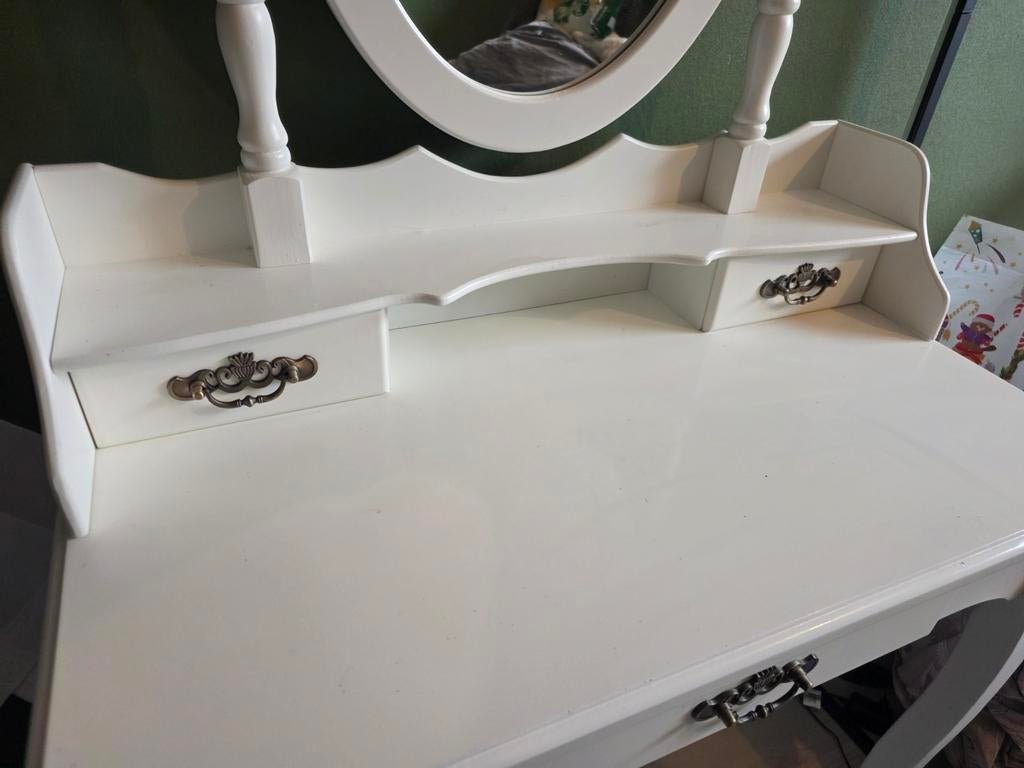 Witte kaptafel met spiegel en lades, Klassiek, elegant, 100 tot 150 cm, Zo goed als nieuw, Hout