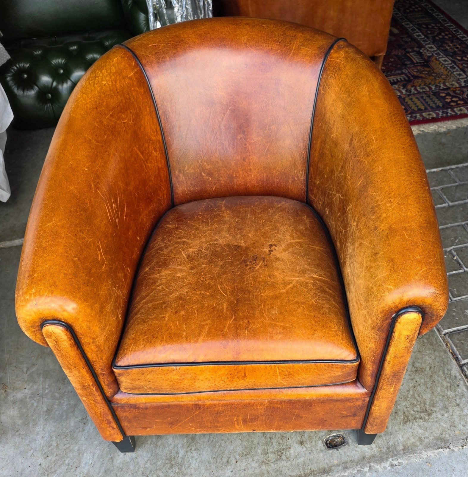 Vintage schapenleren Clubfauteuil Chesterfield + BEZORGING, Gebruikt, Vintage, Klassiek, Clubfauteuil, Onbekend, Ophalen of Verzenden