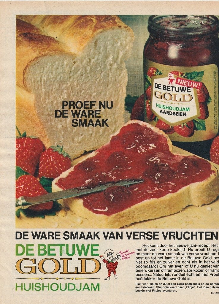 retro reclame 1966 Betuwe Flipje Tiel gold aardbeienjam, Verzenden, Overige typen