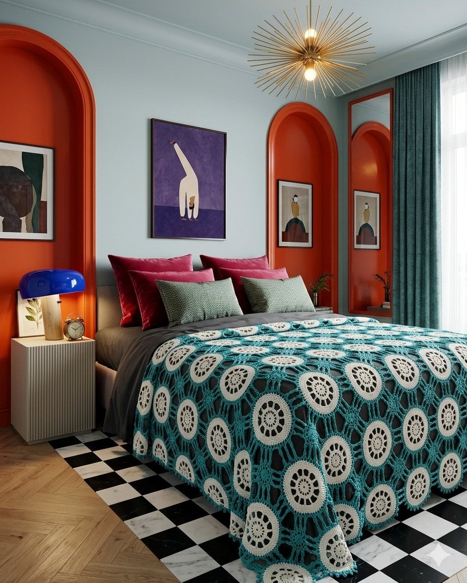 Handgehaakte Granny Square Sprei - Petrol/Wit (200x220cm), Gebruikt, Blauw, Tweepersoons, Ophalen of Verzenden