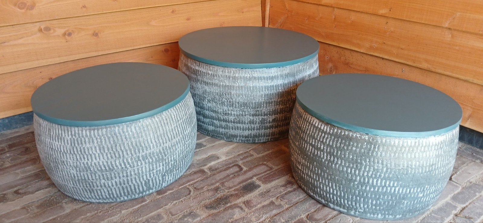Set van 3 stoere salontafeltjes, rond, diverse maten, Ophalen of Verzenden