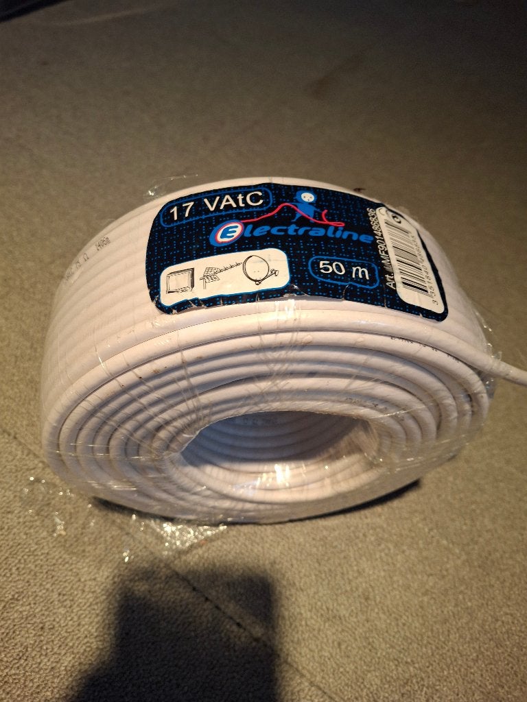 17 VAtC Electraline coax 75 Ohm 50m op rol nieuw, Ophalen of Verzenden, Nieuw, 10 meter of meer, Coaxiale kabel