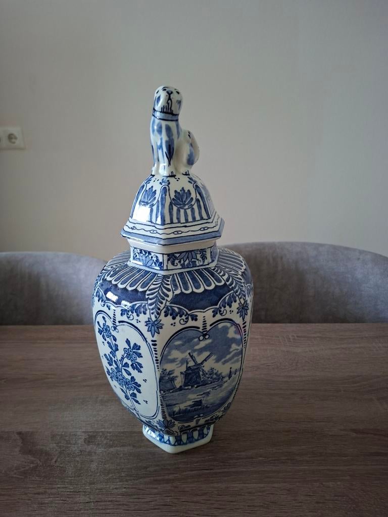 Prachtige Delfts Blauwe Gemberpot met Deksel en Leeuw, Antiek en Kunst, Antiek | Vazen, Ophalen of Verzenden