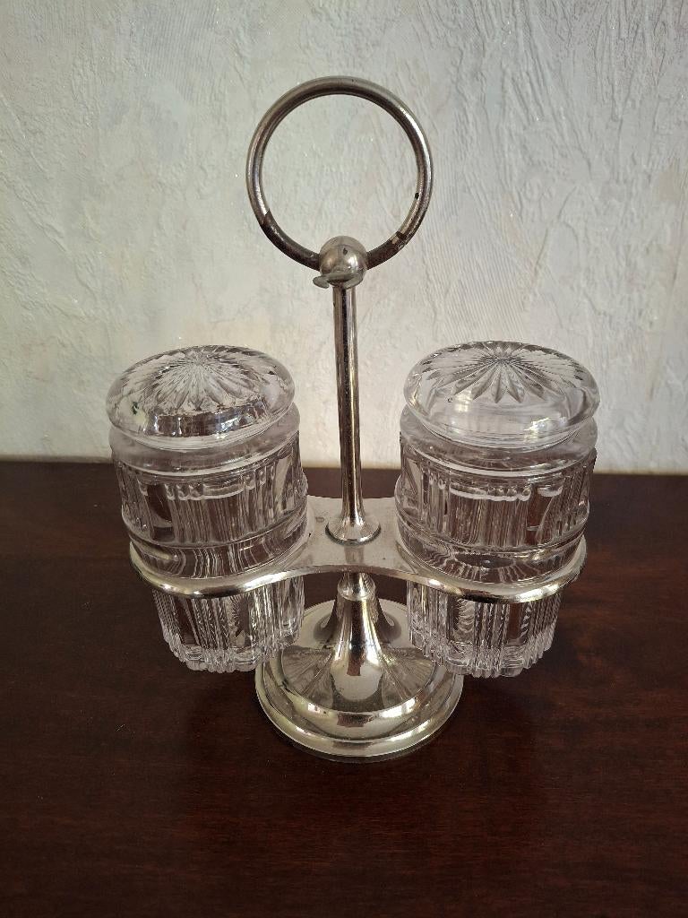 Vintage verzilverde tafelset, cruetset, olie/azijn stelletje, Antiek en Kunst, Antiek | Glas en Kristal, Ophalen of Verzenden