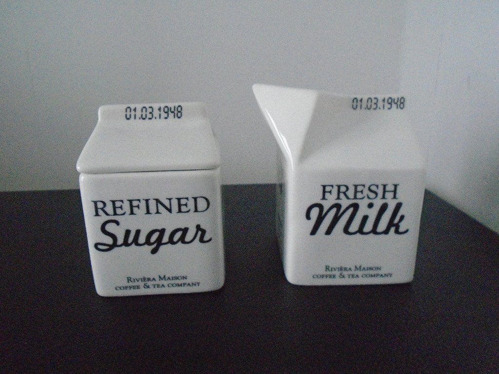 Riviera Maison Carton Jar Sugar and Milk Set Suiker en Melk, Overige typen, Ophalen of Verzenden, Zo goed als nieuw, Wit
