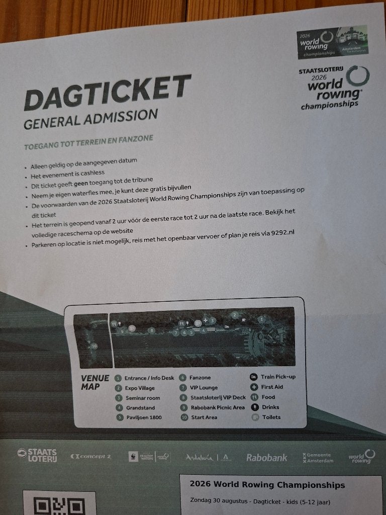 Ticket wk roeien kids (5-12 jr), Eén persoon