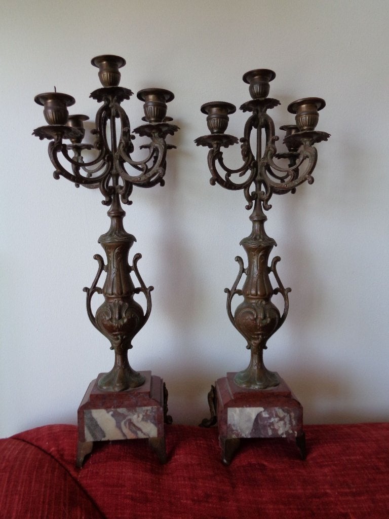 Antieke kandelaars met geaderd marmer en brons - SET, Ophalen, Koper of Brons