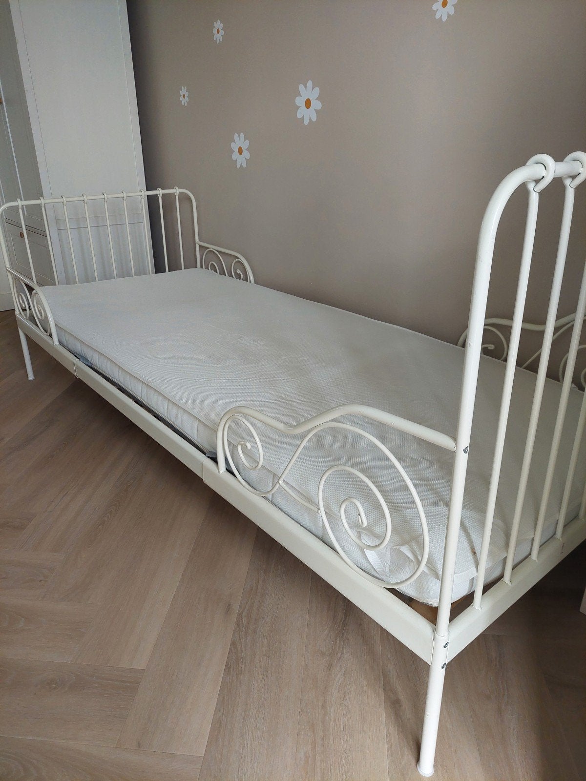 Minnen meegroeibed Ikea Wit, Ophalen, 180 cm of meer, 70 tot 85 cm, Lattenbodem