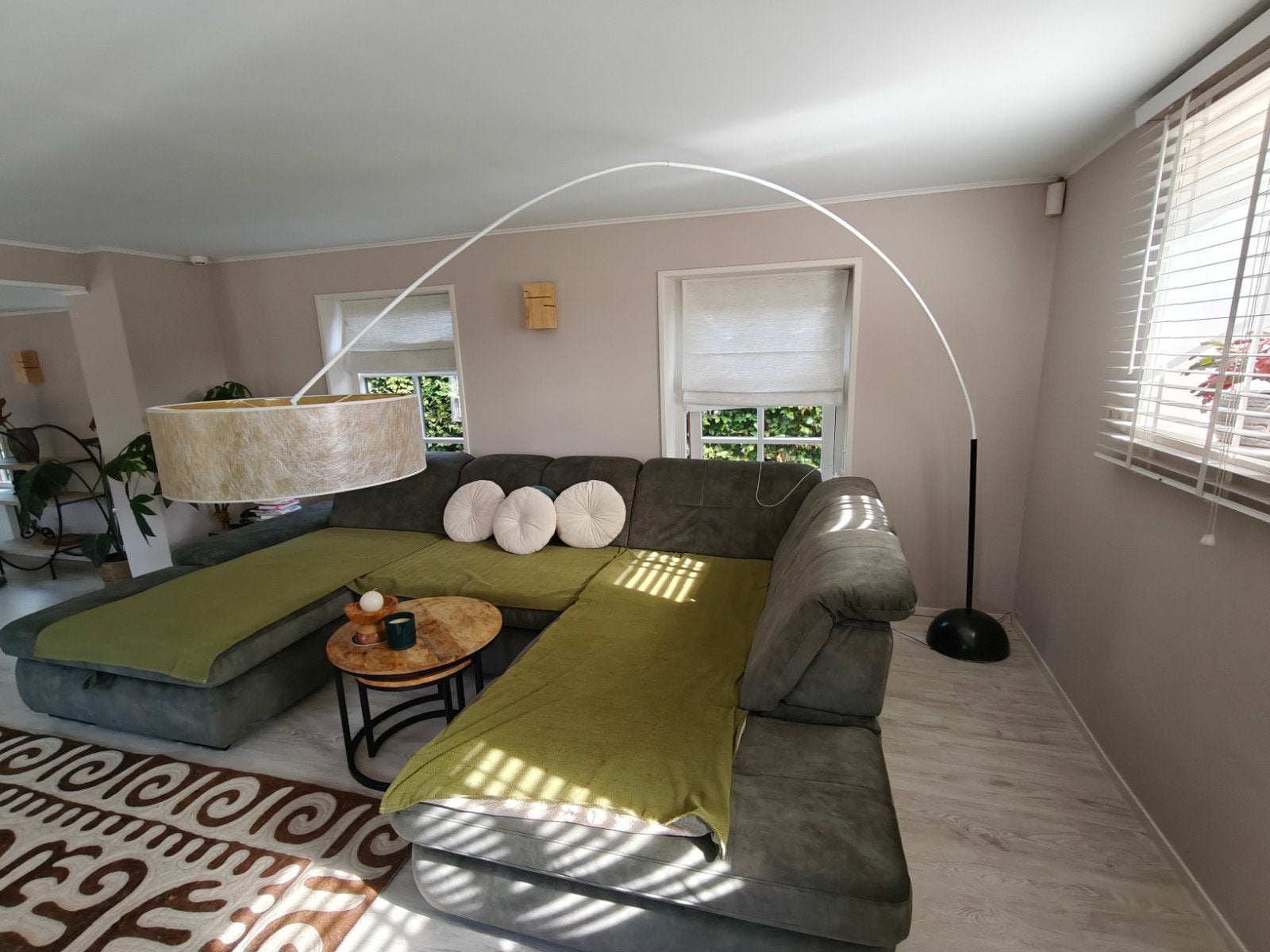 Moderne booglamp met stoffen kap - 270x200 cm, Ophalen, Gebruikt, Textiel, 200 cm of meer