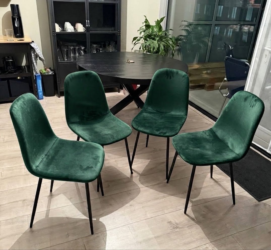 4x Groene Velvet Eetkamerstoelen, Huis en Inrichting, Gebruikt, Overige kleuren, Ophalen of Verzenden, Vier