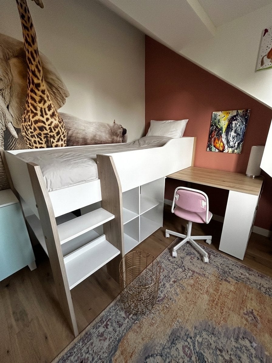 Halfhoogslaper Finland met Uitschuifbaar Bureau & Kast, Ophalen, 85 tot 100 cm, Gebruikt, Hoogslaper of Stapelbed