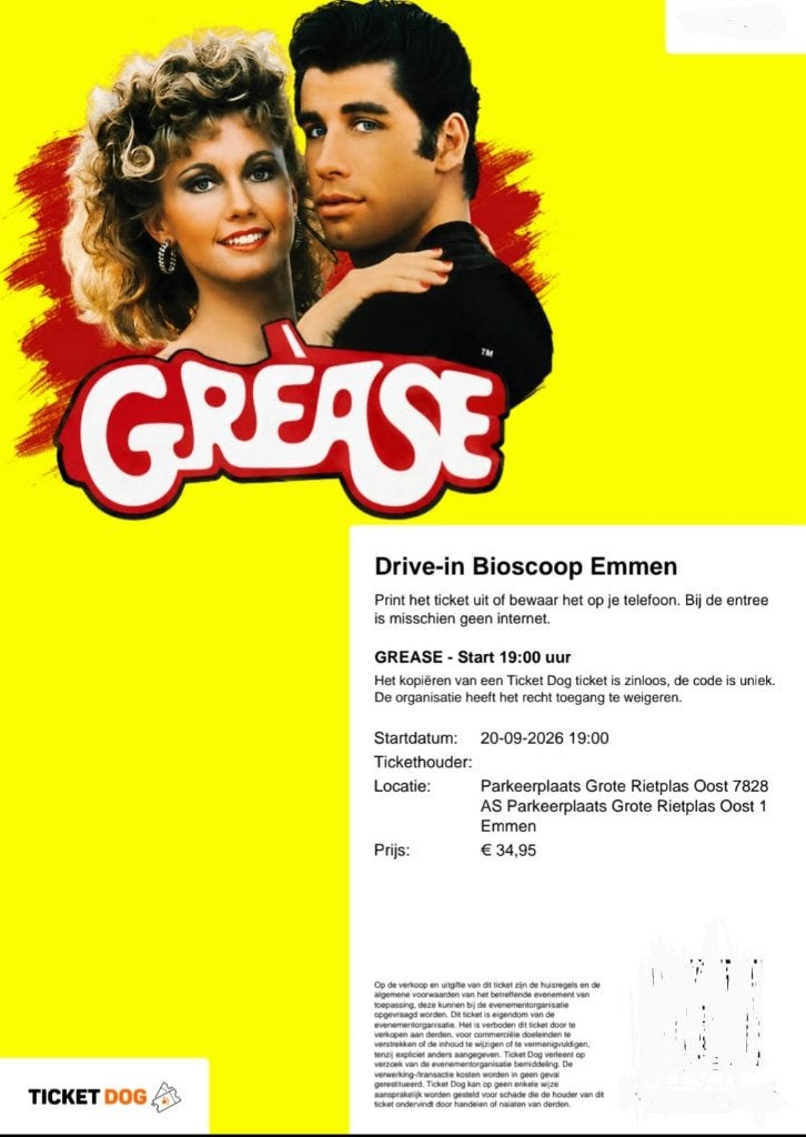 Auto Drive In Bioscoop Emmen 20 september: Grease, Tickets en Kaartjes, Twee personen