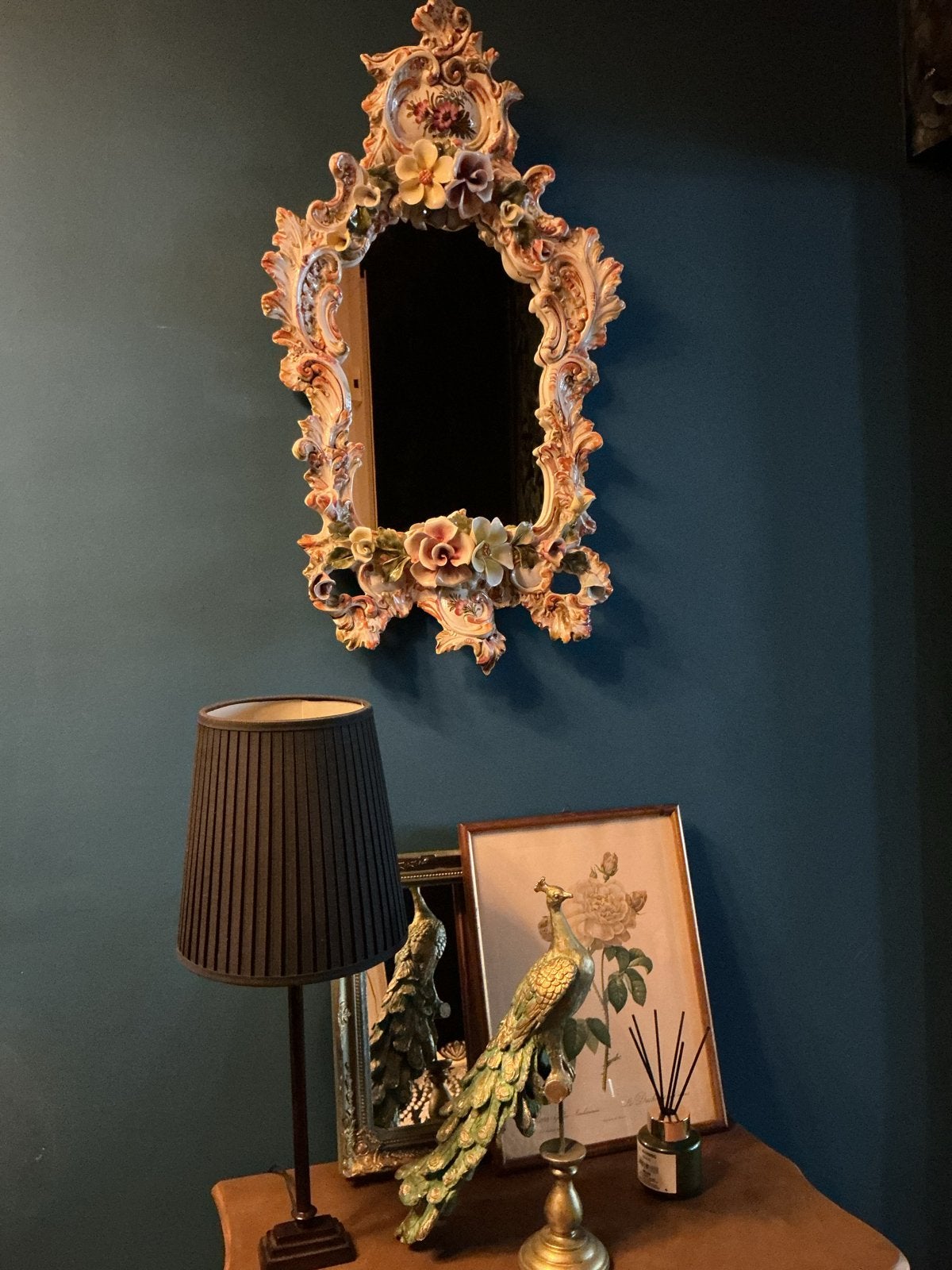 Prachtige Capodimonte spiegel met romantische bloemenrand, Ophalen of Verzenden, Overige vormen, Minder dan 50 cm, Minder dan 100 cm