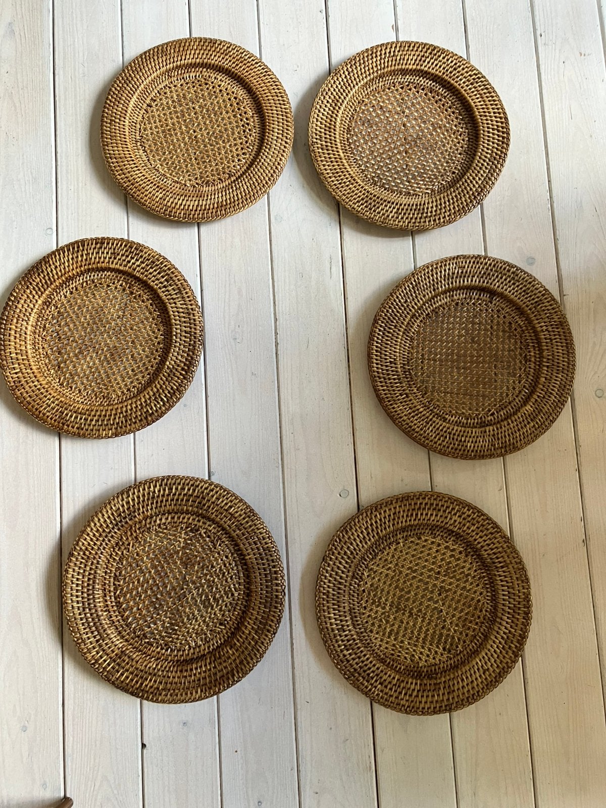 6 vintage rattan onder borden uit Birma, Gebruikt, Handgemaakt, Ophalen of Verzenden, Natuurlijk materiaal